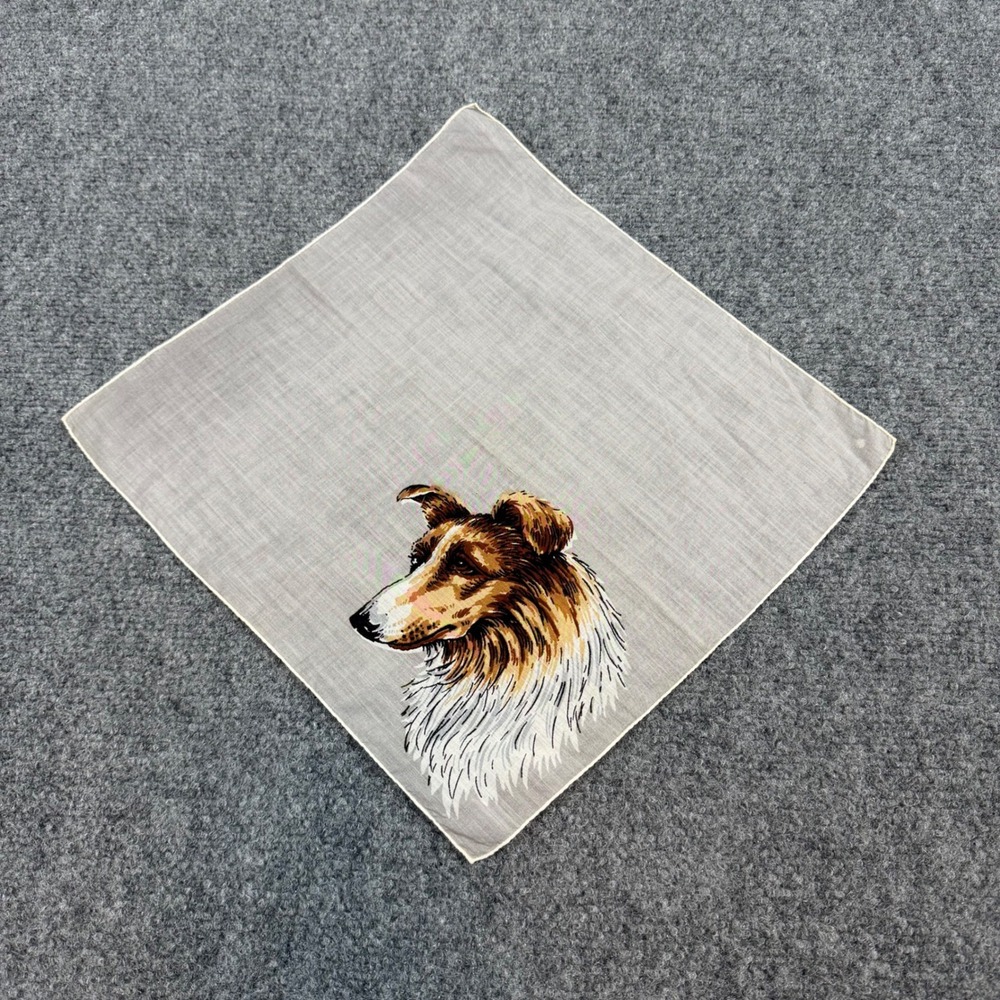 Vintage Collie Dog Handkerchief Grey Cotton Pocket Square Bandana 12.5 Inch